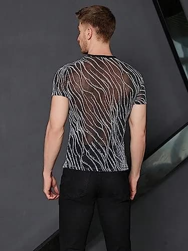 WDIRARA Men's Glitter Silver & Black Floral Print Mesh T-Shirt - Round Neck, Short Sleeve (XS) thumbnail 2