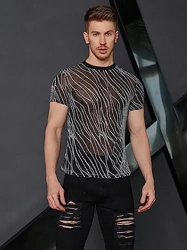 WDIRARA Men's Glitter Silver & Black Floral Print Mesh T-Shirt - Round Neck, Short Sleeve (XS) thumbnail 3
