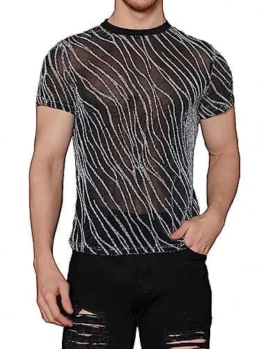 WDIRARA Men's Floral Print See Through Mesh T-Shirt Glitter Silver & Black Medium | Party & Club Wear thumbnail 1