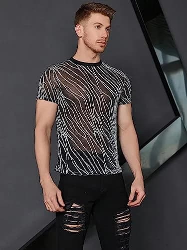 WDIRARA Men's Floral Print See Through Mesh T-Shirt Glitter Silver & Black Medium | Party & Club Wear thumbnail 5