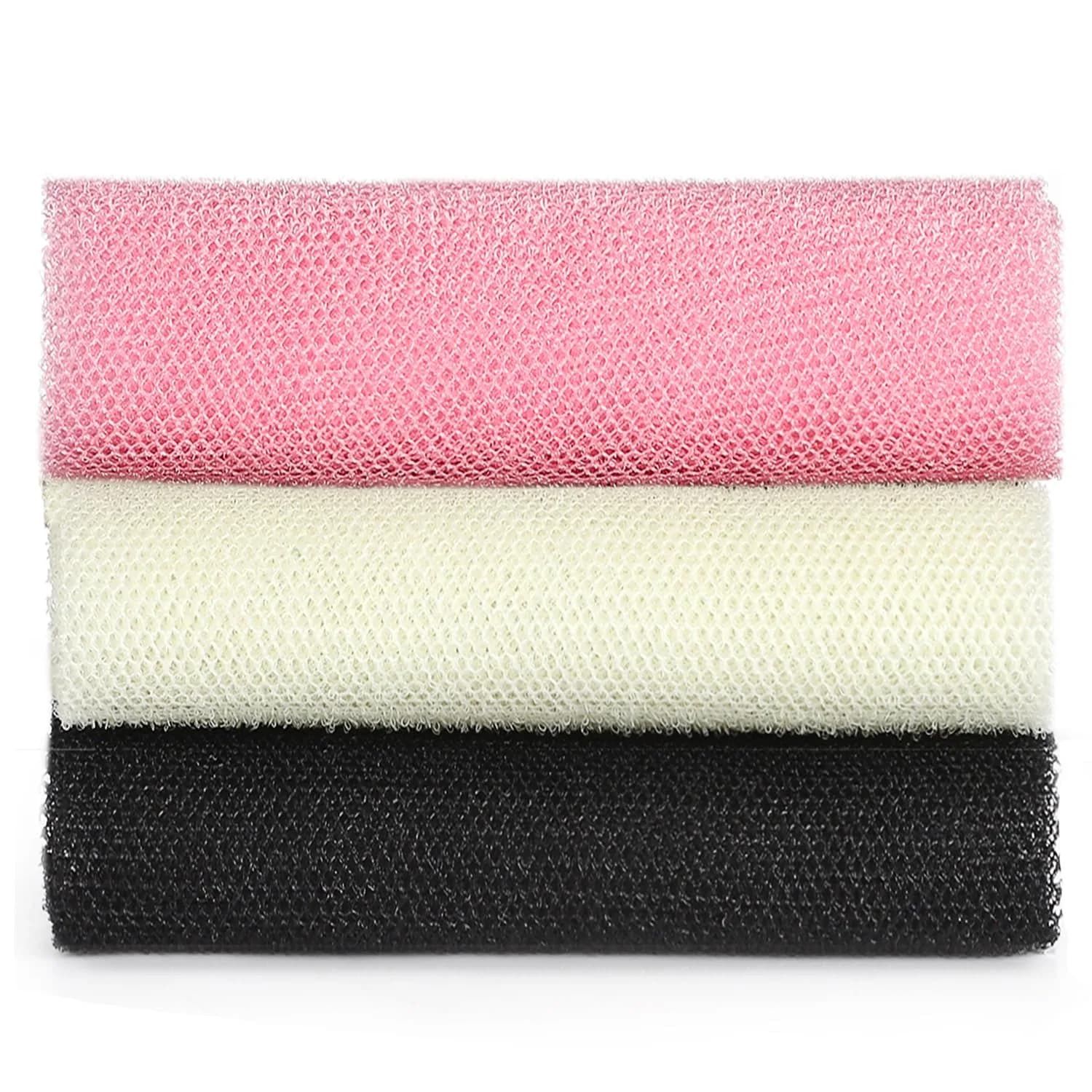 JASSINS African Net Sponge Black | 170cm (66in) Stretched Length | Exfoliating Body Shower Scrubber — Black+Beige+Pink