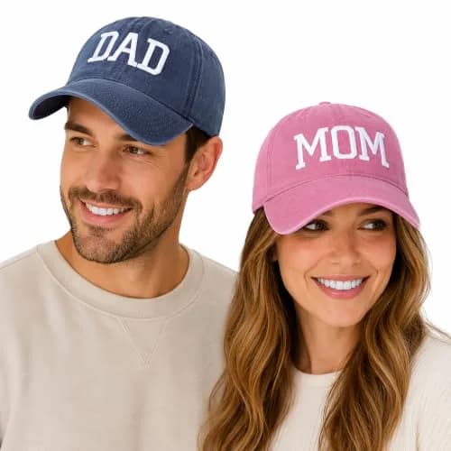 Aeonda Mom and Dad Hats Set of 2 Washed Cotton 3D Embroidered Baseball Caps | Adjustable Buckle Closure thumbnail 2