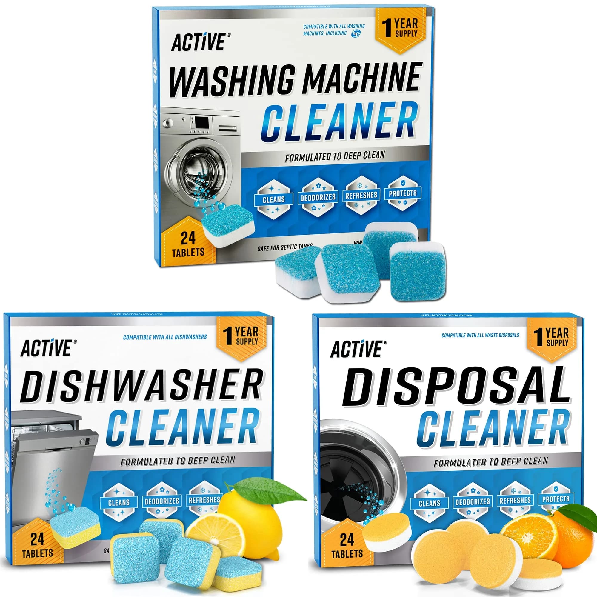 ACTIVE Washing Machine Cleaner Descaler Tablets | 48 Pack Value Size HE Front Loader & Top Load Washer — 24 Washer + 24 Dishwasher + 24 Disposal Tablets