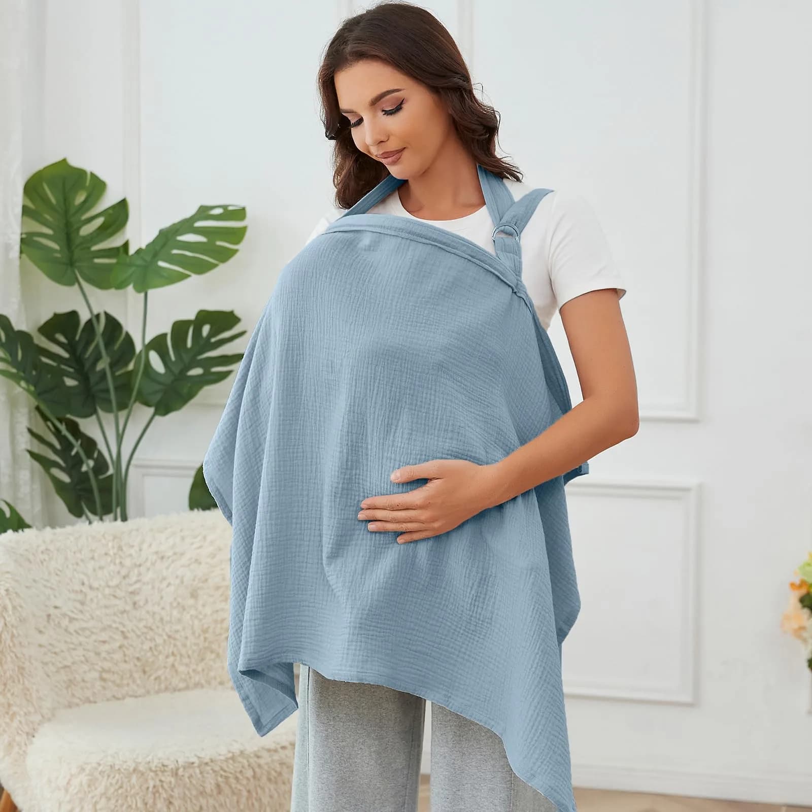 Zdolmy Muslin Nursing Cover for Breastfeeding, Breathable 100% Cotton Privacy Cover with Rigid Hoop, Light Blue (100 x 70 cm / 39.4 x 27.4 in) — Light Blue