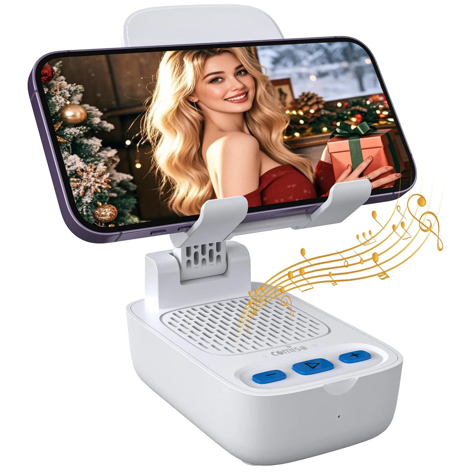 comiso Phone Stand with Bluetooth Speaker, Pink | HD Stereo, Adjustable & Portable (70-120c) — White