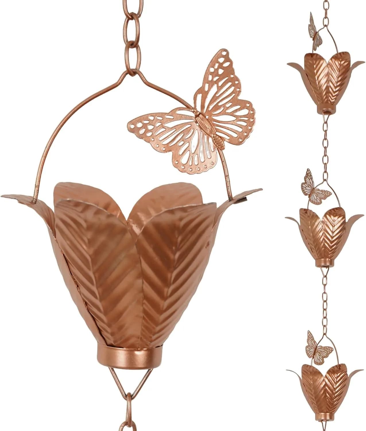 TZSSP 8.75FT Metal Rain Chain for Gutters | Tulip Cups with Butterflies, Outdoor Decor