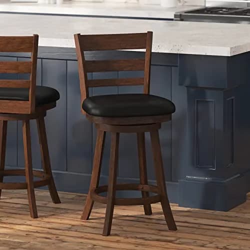 Taylor + Logan Zayne Classic Ladderback Wooden Swivel Counter Stool with Faux Leather Seat, Antique Oak/Black | Timeless Elegance for Kitchen & Dining thumbnail 1