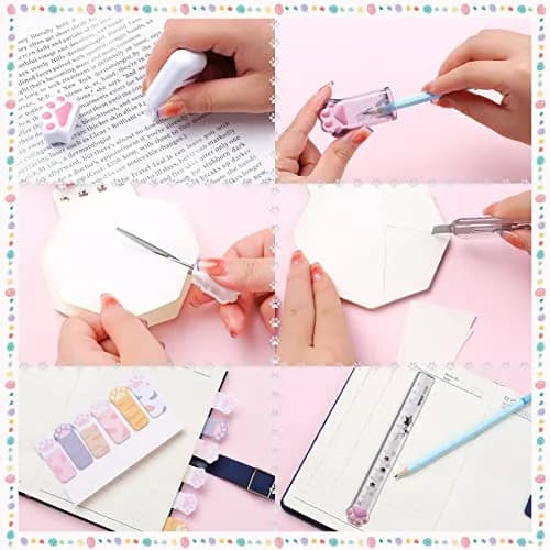 Kogcmeetl White 8 Pcs Cute Cat Paw Stationery Set | Retractable Eraser, Sharpener, Correction Tape, Sticky Notes, Ruler, Scissors, Utility Knife thumbnail 3