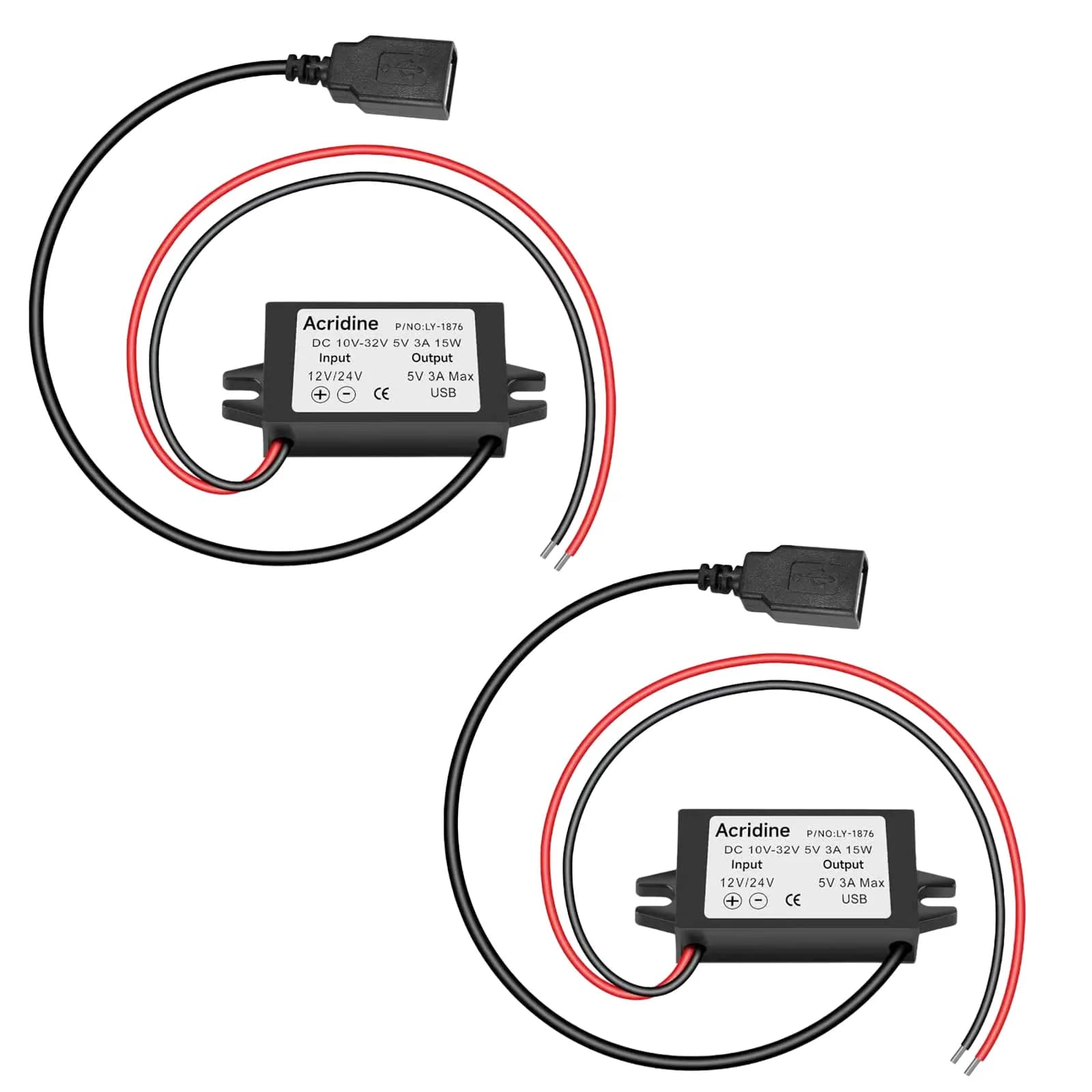 Acridine 12V 24V DC to 5V 3A USB Converter Module (2-Pack) | 96% Efficiency Buck Converter