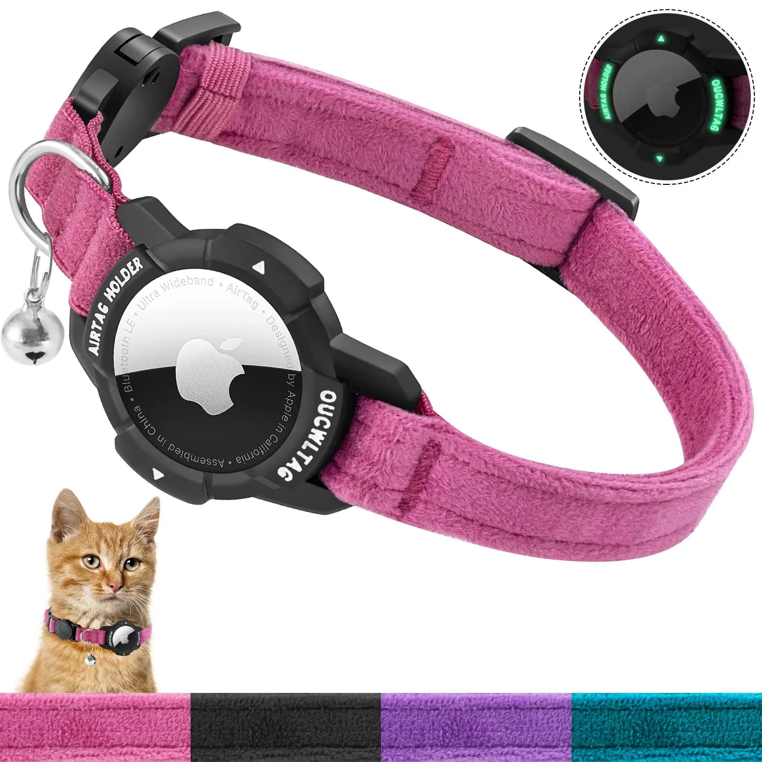 OUCWLTAG Luminous AirTag Cat Collar Breakaway 9-13 Inch | GPS Pet Tracker with Safety Elastic Band — Pink / 7-10 Inch