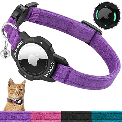 OUCWLTAG Luminous AirTag Cat Collar Breakaway 9-13 Inch | Safety Elastic Band, Purple thumbnail 1