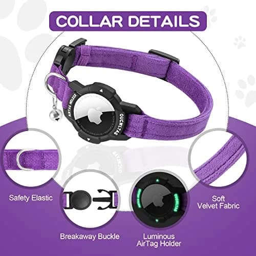 OUCWLTAG Luminous AirTag Cat Collar Breakaway 9-13 Inch | Safety Elastic Band, Purple thumbnail 2