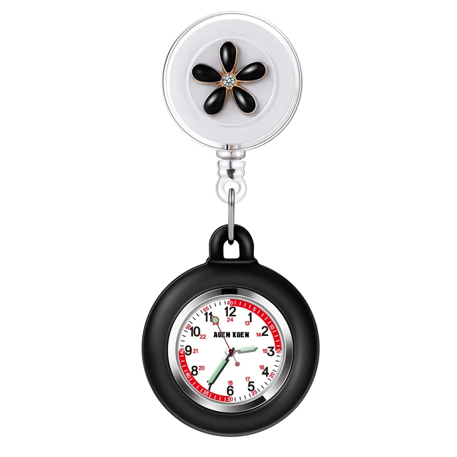 AGEN KGEN Nurse Watch Clip-On Retractable Fob Watch 4cm (1.57in) | Easy-Read Analog Dial with Silicone Sleeve — Black