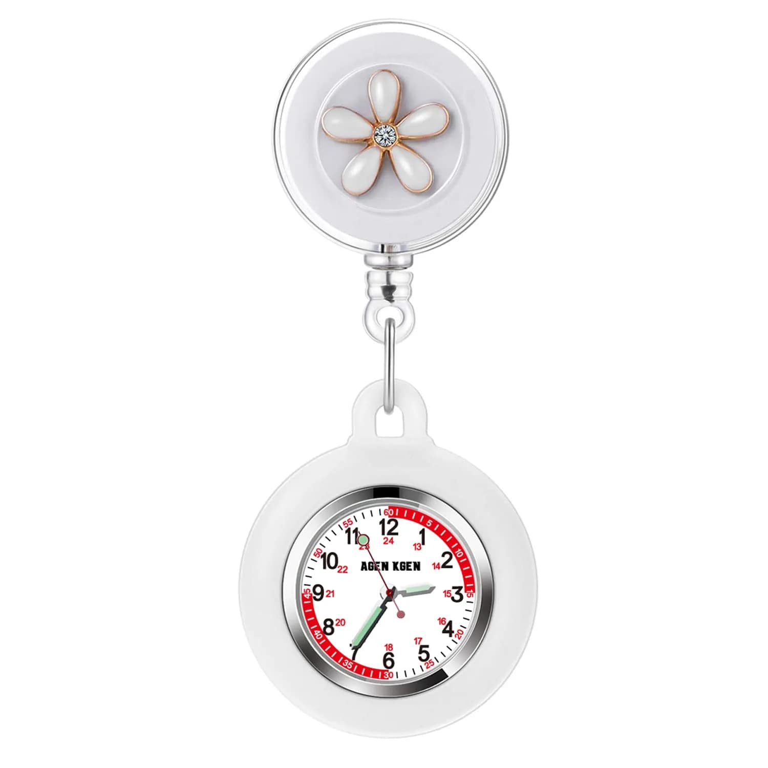 AGEN KGEN Retractable Nurse Watch White 38mm (1.5in) | Japanese Quartz Movement for Medical Professionals