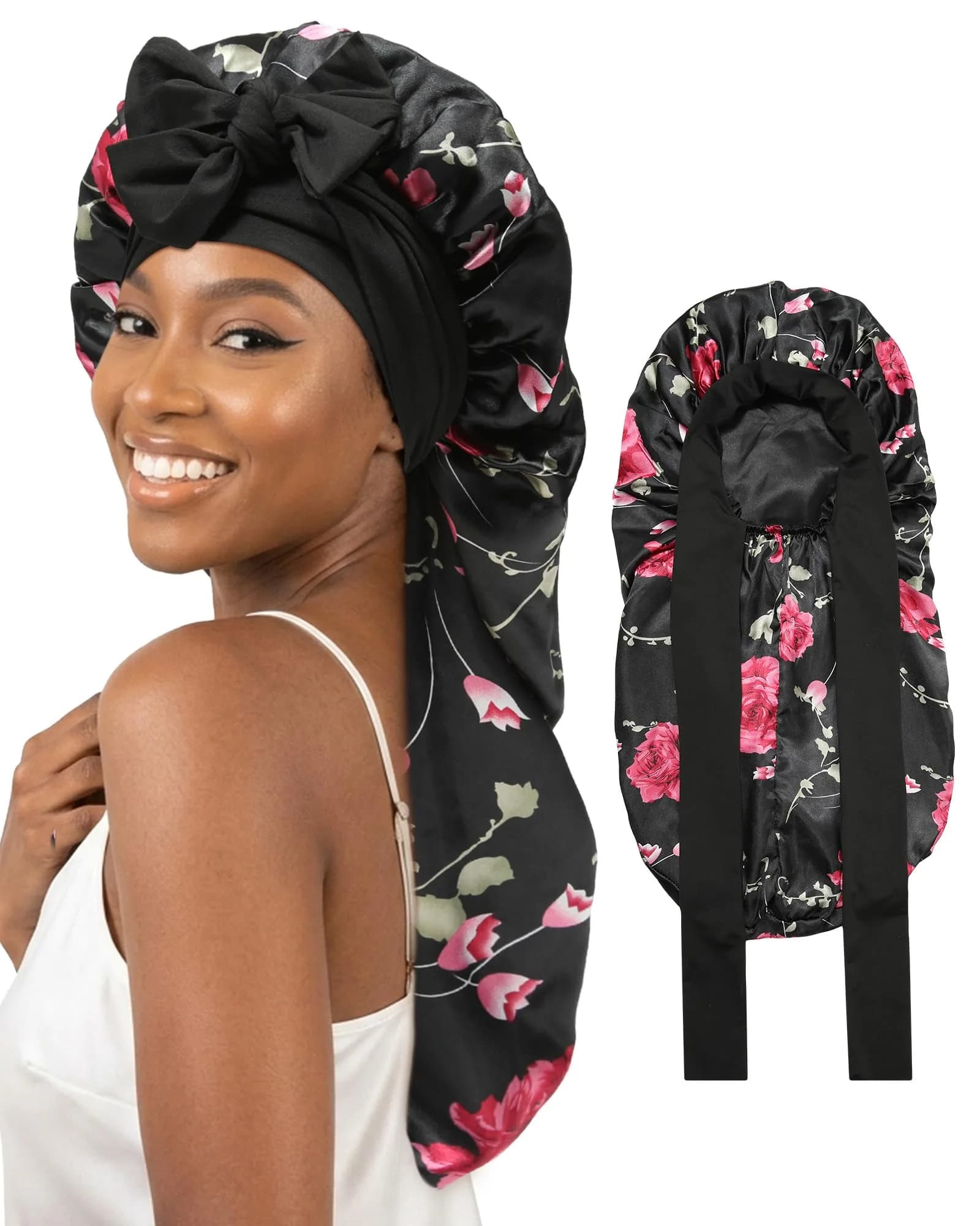AWAYTR Long Satin Bonnet for Braids - Double Layer Hair Bonnet for Sleeping, 68cm (27in) Wine Red — Flower C