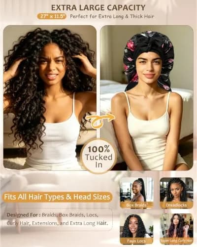 AWAYTR Long Satin Bonnet for Braids | Double Layer Sleep Cap for Long Hair, 68cm (27in) thumbnail 2