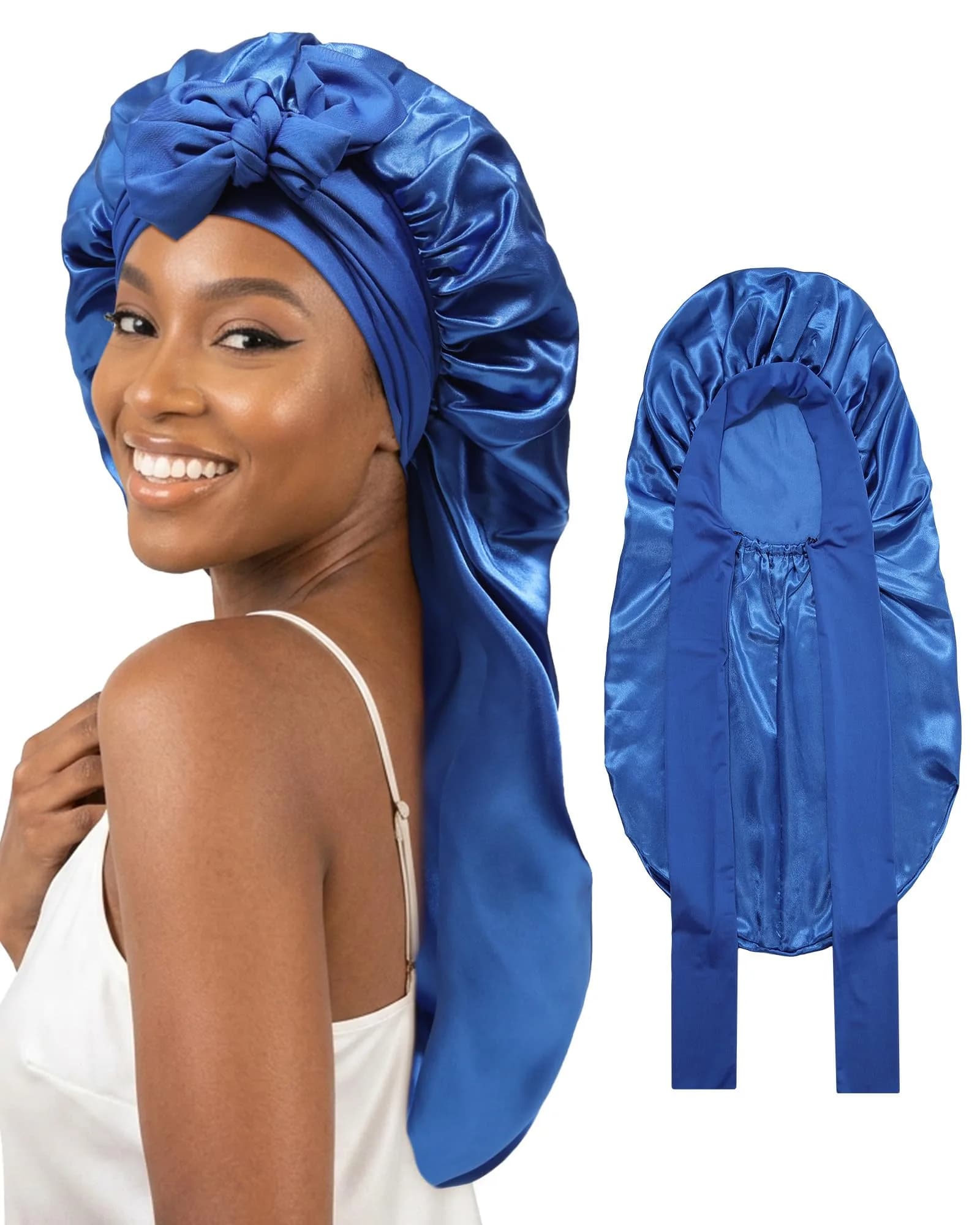 AWAYTR Long Satin Bonnet for Braids - Double Layer Hair Bonnet for Sleeping, 68cm (27in) Wine Red — Royal Blue