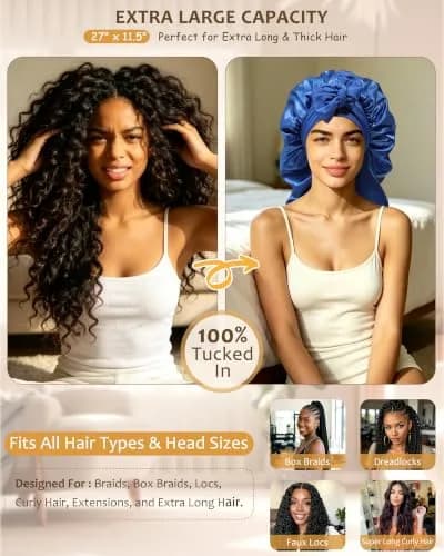 AWAYTR Long Satin Bonnet for Braids - Double Layer Hair Bonnet for Sleeping | Elastic Wide Band, Moisture Lock, Long & Breathable thumbnail 2