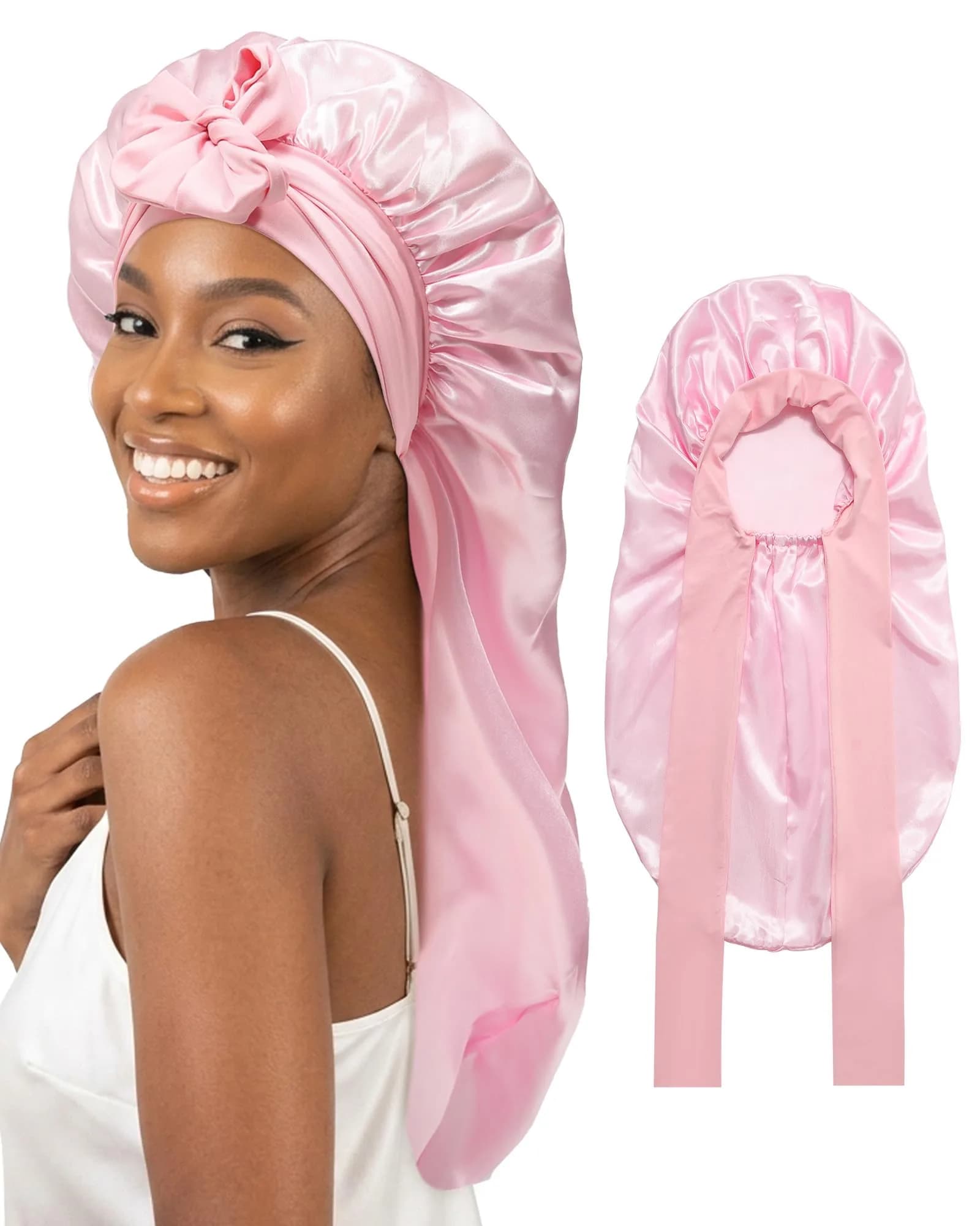 AWAYTR Long Satin Bonnet for Braids | Double Layer Hair Bonnet for Sleeping, 68cm (27in), Pink