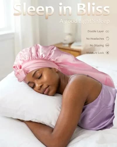 AWAYTR Long Satin Bonnet for Braids | Double Layer Hair Bonnet for Sleeping, 68cm (27in), Pink thumbnail 6