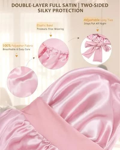 AWAYTR Long Satin Bonnet for Braids | Double Layer Hair Bonnet for Sleeping, 68cm (27in), Pink thumbnail 3