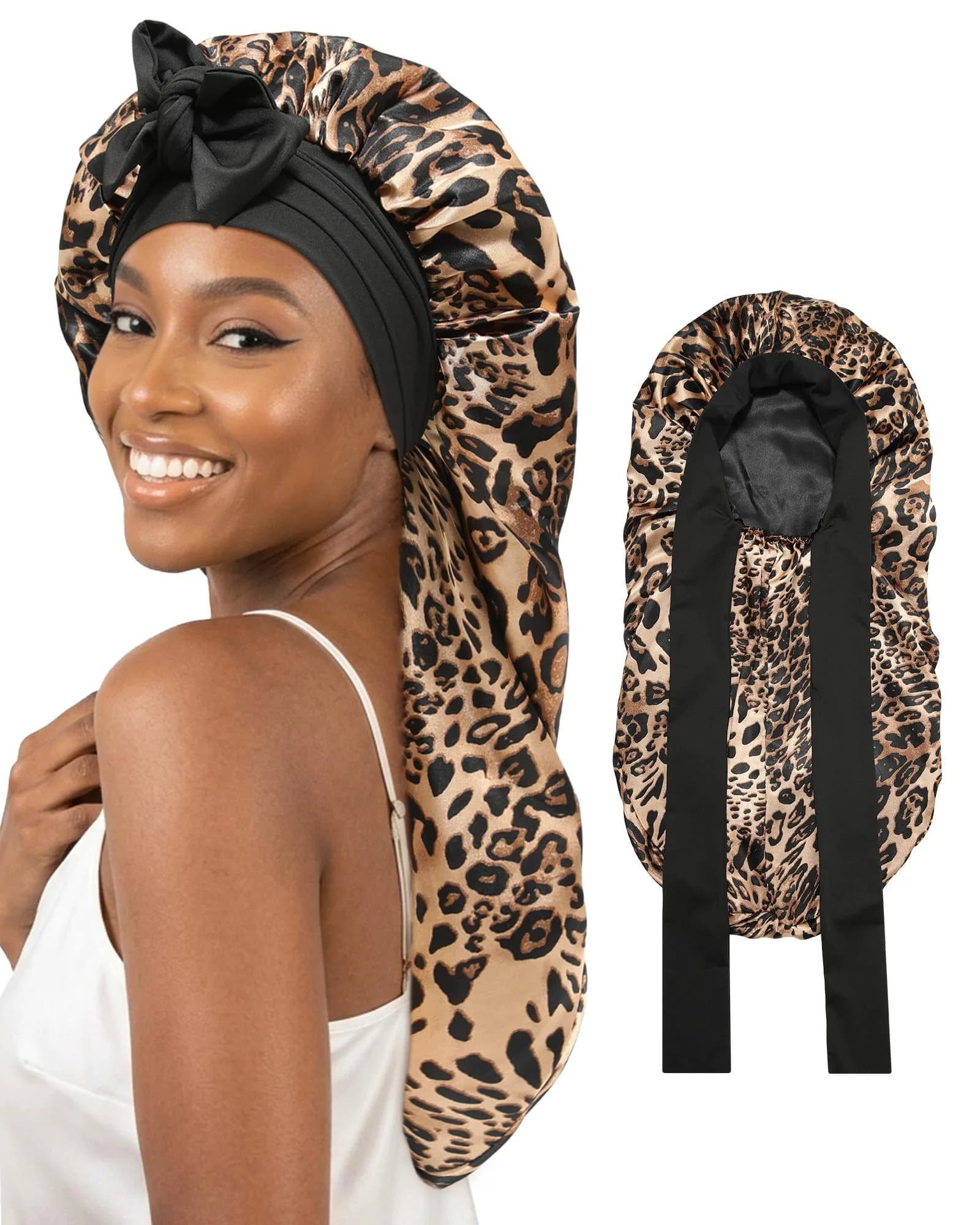 AWAYTR Long Satin Bonnet for Braids | Double Layer Sleep Cap for Long Hair, 68cm (27in), Elastic Wide Band, Breathable Polyester - main product image