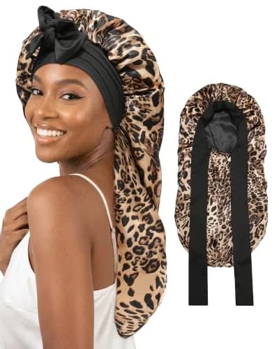 AWAYTR Long Satin Bonnet for Braids | Double Layer Sleep Cap for Long Hair, 68cm (27in), Elastic Wide Band, Breathable Polyester thumbnail 1