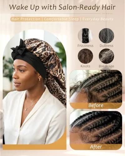 AWAYTR Long Satin Bonnet for Braids | Double Layer Sleep Cap for Long Hair, 68cm (27in), Elastic Wide Band, Breathable Polyester thumbnail 4