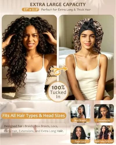 AWAYTR Long Satin Bonnet for Braids | Double Layer Sleep Cap for Long Hair, 68cm (27in), Elastic Wide Band, Breathable Polyester thumbnail 2