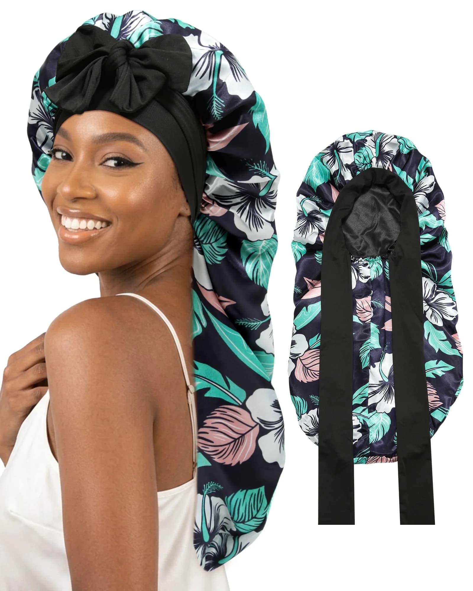 AWAYTR Long Satin Bonnet for Braids - Double Layer Hair Bonnet with Straps, 27in (68cm) | Stays On All Night