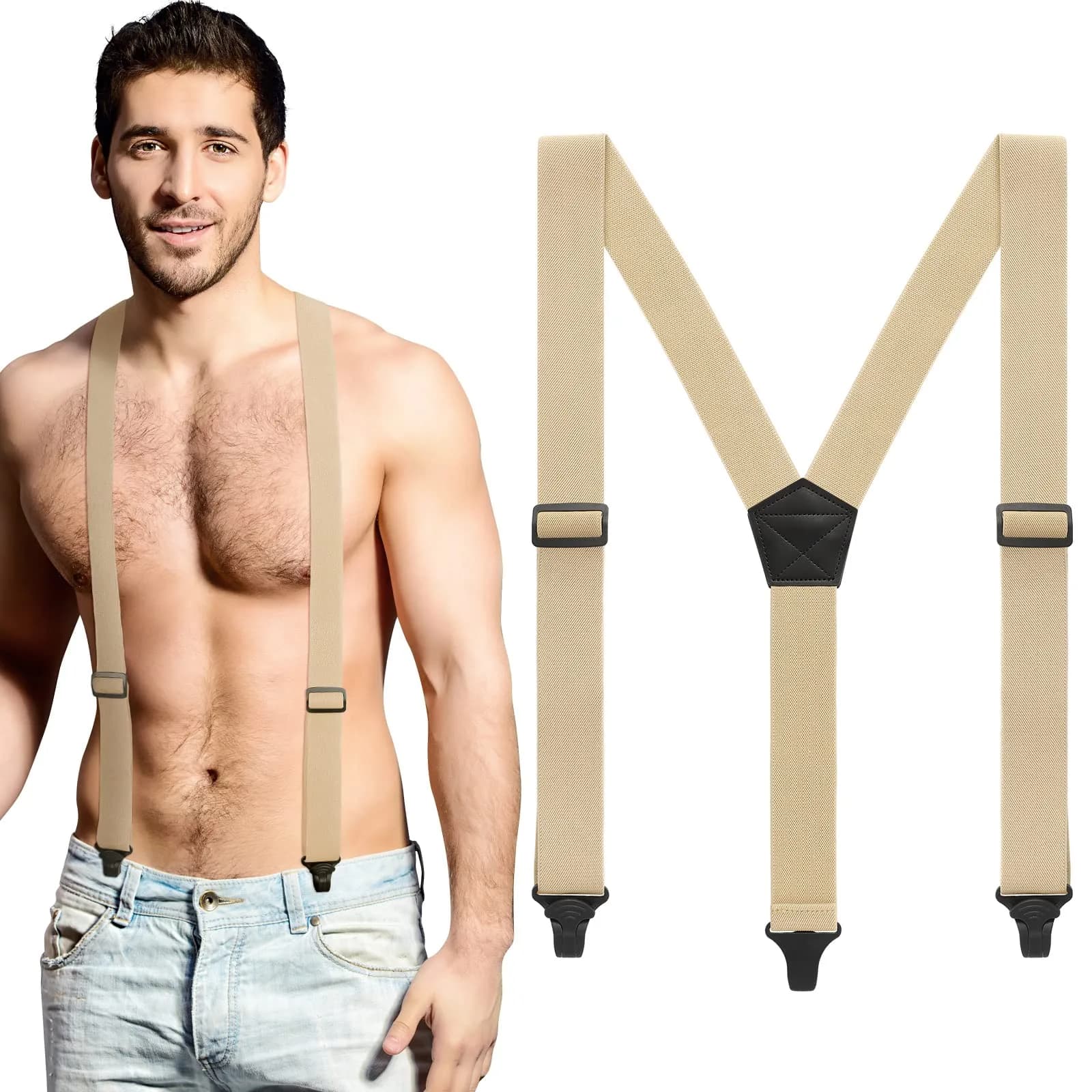Jiuguva Men Hidden Undershirt Suspender Under Clothing Y 1.5in,Black | Airport Friendly, Heavy Duty, Adjustable — Khaki