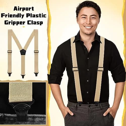 Jiuguva Men's Hidden Undershirt Suspenders Y-Style 1.5in Khaki | Airport Friendly Plastic Clips thumbnail 3