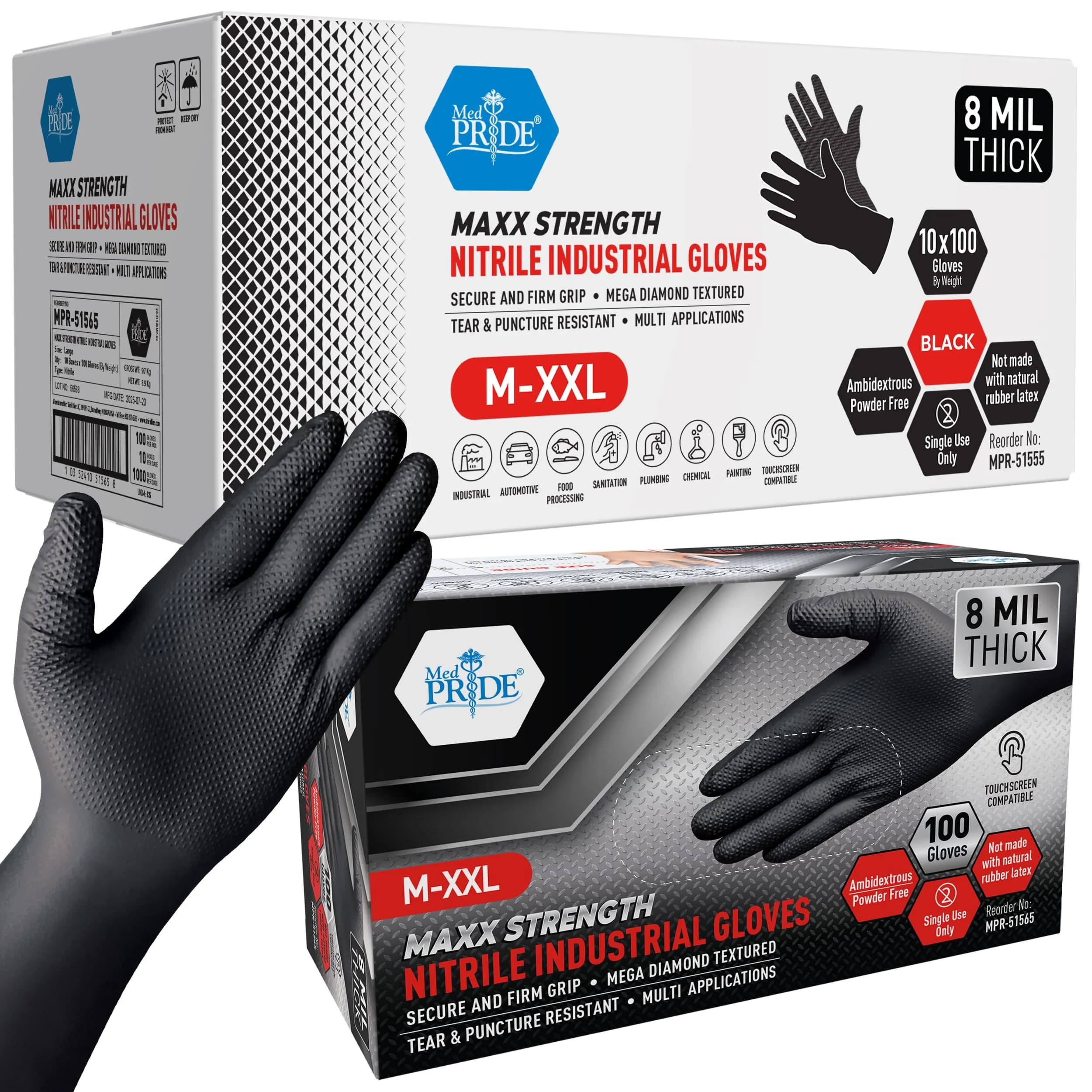 MED PRIDE Black Nitrile Gloves XX-Large 1000-Ct | 8 Mil Thick Diamond Textured Industrial Gloves