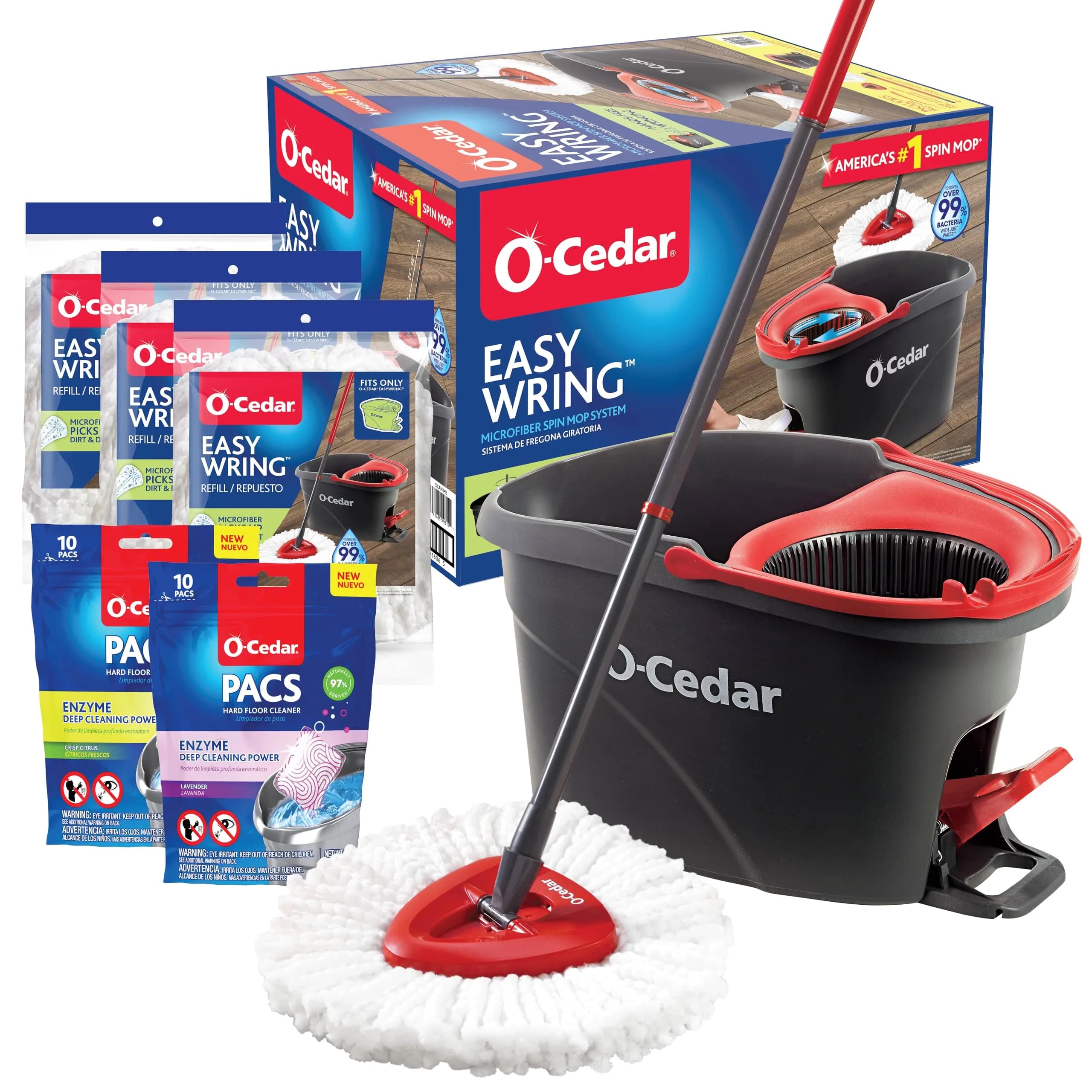 O-Cedar EasyWring Microfiber Spin Mop & Bucket Floor Cleaning System with 4 Mop Heads | Removes 99% Bacteria with Water — Bucket + 3 Refills + 2 PACS