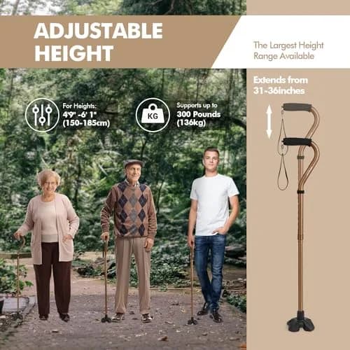 GPTCAMP Quad Base Walking Cane 79-92cm (31-36") | Self-Standing Offset Stick for Seniors thumbnail 6