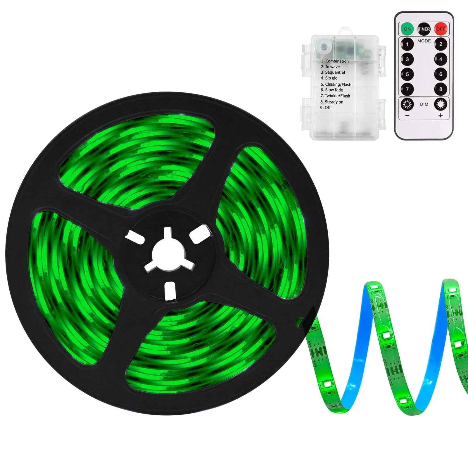 echosari Battery Operated LED Strip Lights Green, 9.8ft (3m) with Remote, 8 Modes, Dimmable, Timer, Self-Adhesive, Cuttable, 90LED