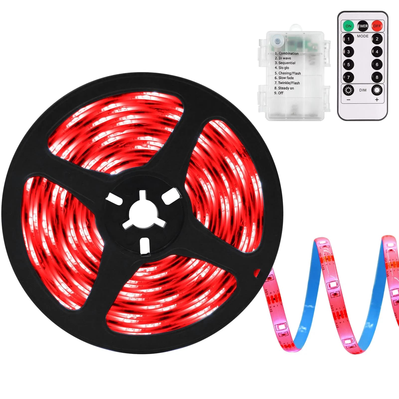 echosari Red LED Strip Lights with Remote, 9.8ft (3m) 90LED - Battery Operated, 8 Modes, Dimmable, Timer, Self-Adhesive