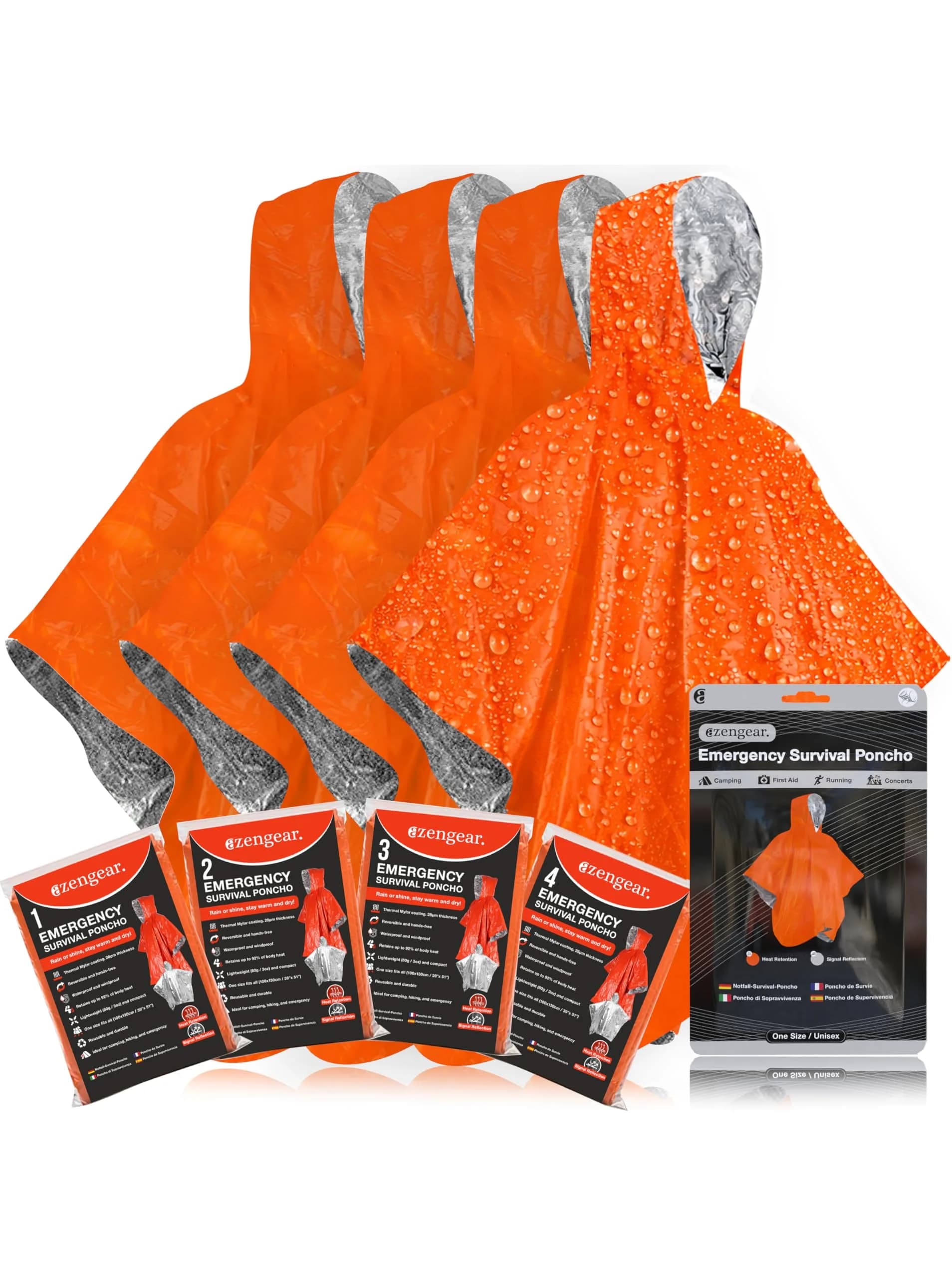 aZengear Emergency Survival Foil Poncho 4 Pack | Reversible Thermal Mylar Orange - main product image