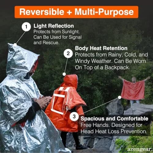 aZengear Emergency Survival Foil Poncho 4 Pack | Reversible Thermal Mylar Orange thumbnail 3