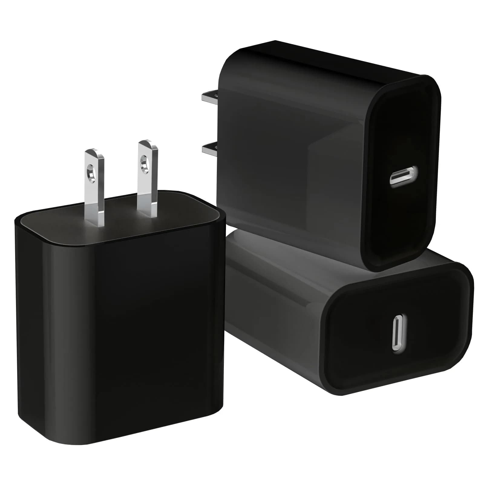 DelTucci 3Pack USB C Charger Blocks 20W | Fast Charging Power Delivery for iPhone & Android — Black