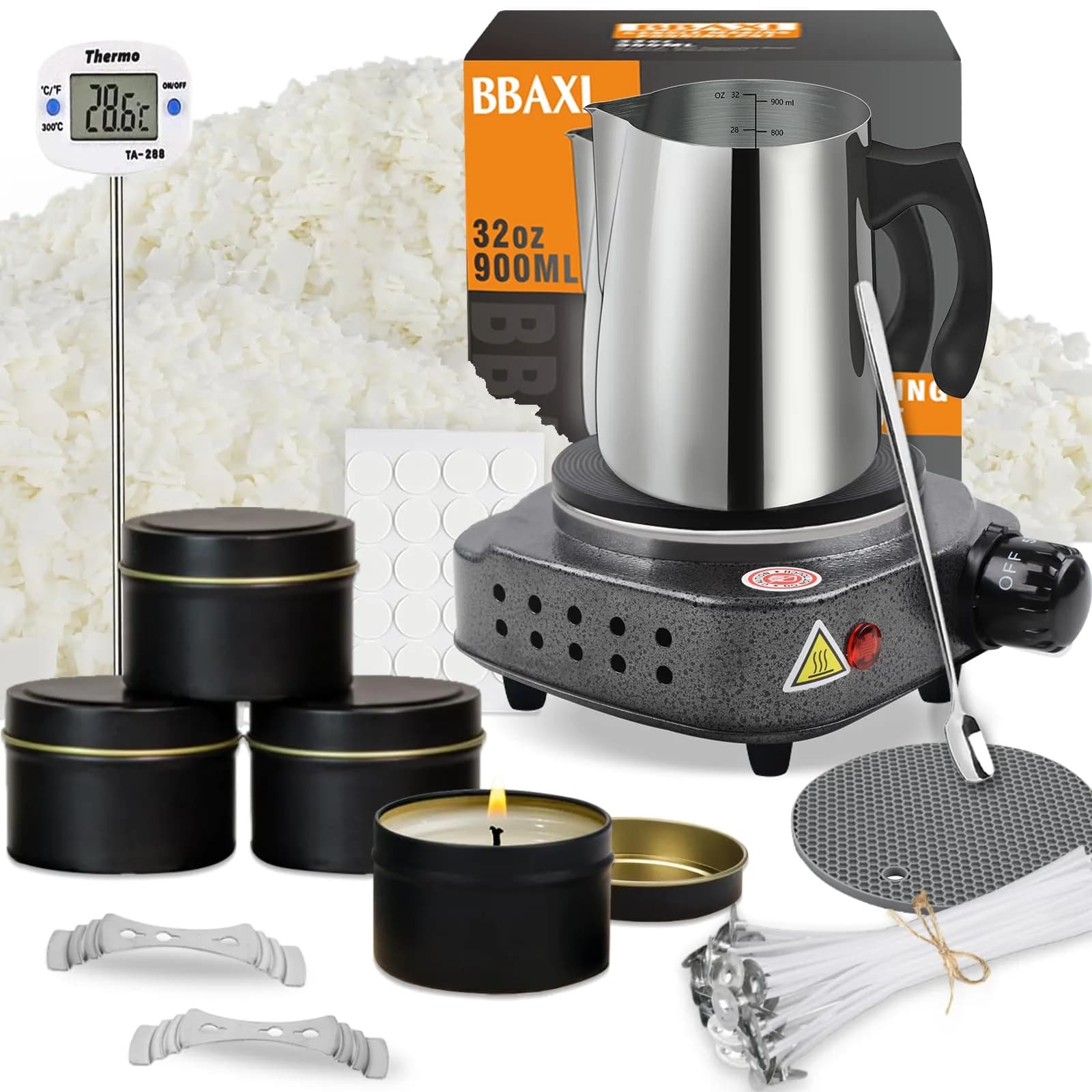 BBAXI 900ml (32oz) Stainless Steel Candle Pouring Pot with Dripless Spout | Ideal for DIY Candle Making — Hot Plate Kit