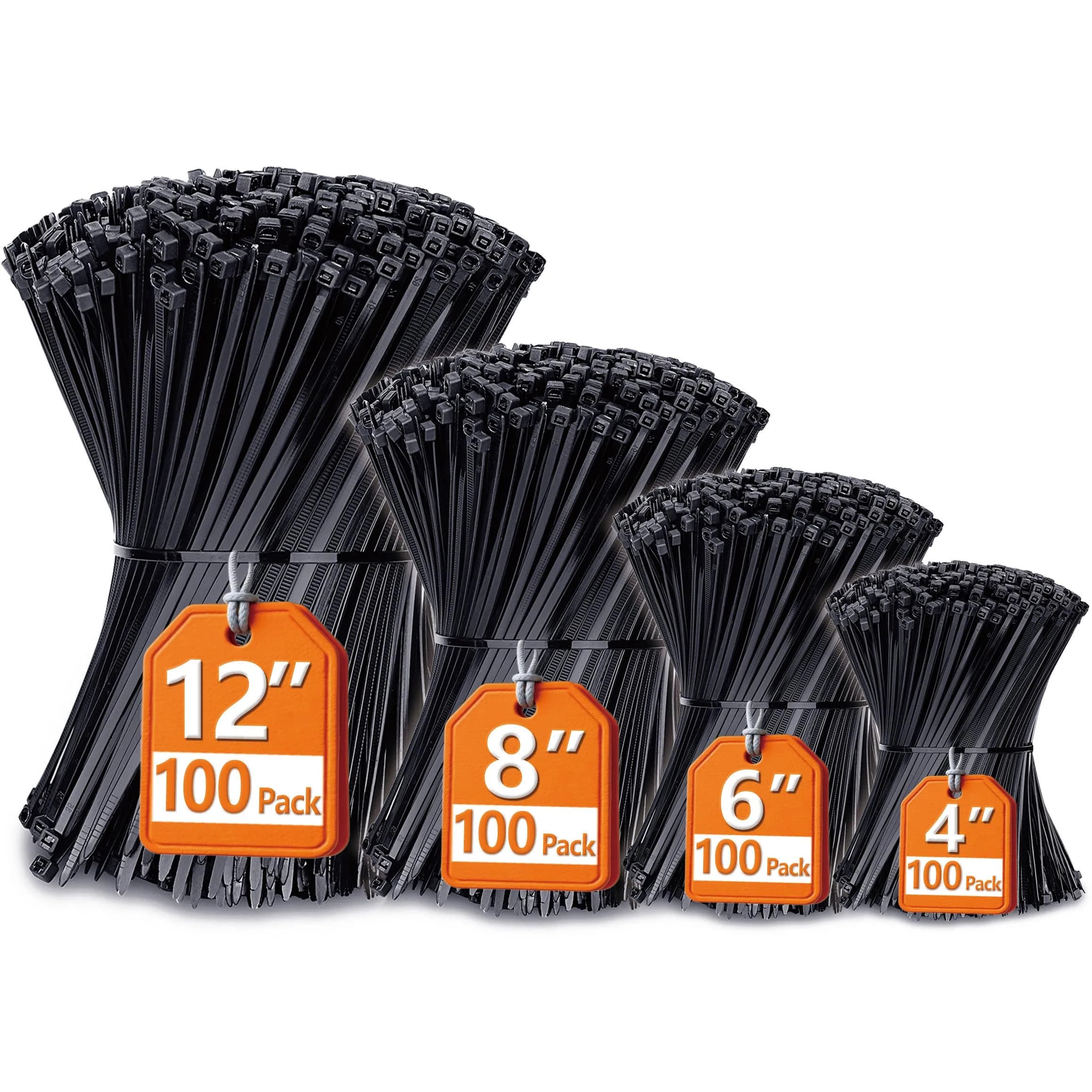 ANOSON Black Zip Ties Assorted Sizes 4"+6"+8"+12" | UV Resistant Nylon, 400 Pack, Indoor & Outdoor Use - main product image