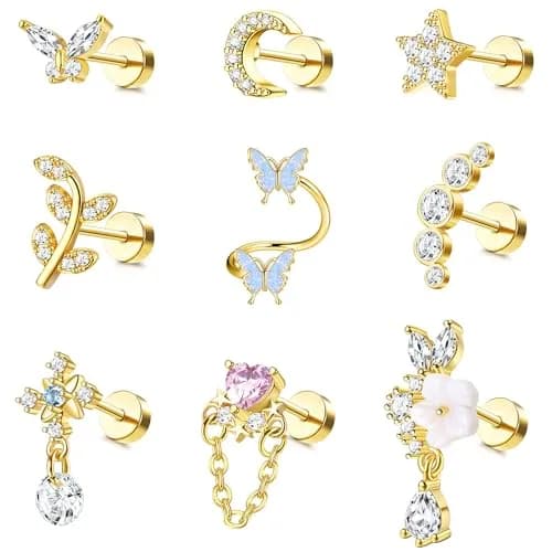LOLIAS 16 Gauge Flat Back Cartilage Earrings for Women Hypoallergenic Stud | 9 Pcs Stainless Steel Varieties thumbnail 1