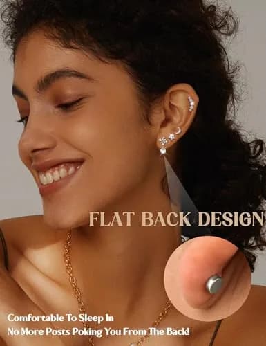 LOLIAS 16 Gauge Flat Back Cartilage Earrings for Women Hypoallergenic Stud | 9 Styles, Silver Tone, 6mm Post thumbnail 2