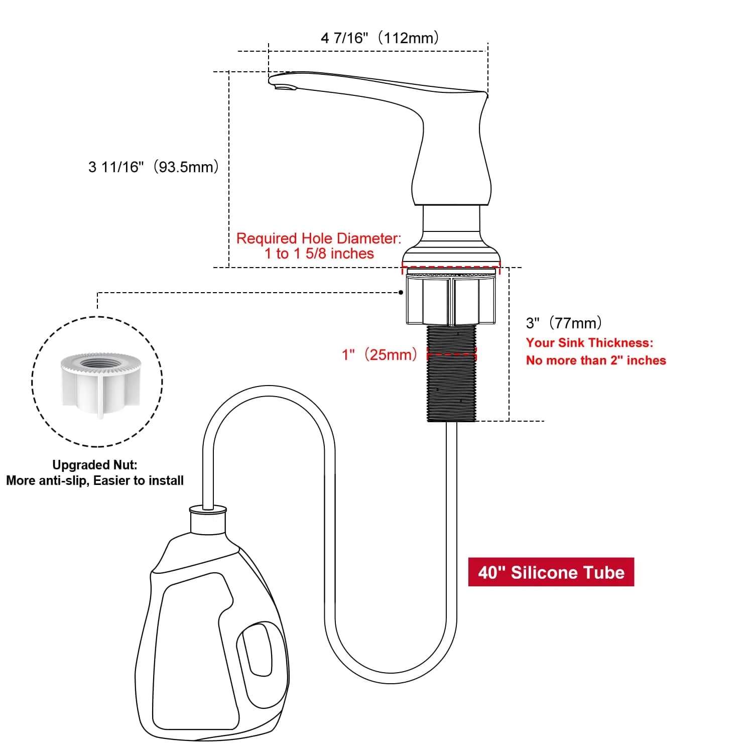 GAGALIFE Kitchen Sink Soap Dispenser Brushed Nickel with 40" Extension Tube | Under Sink Refillable Pump for Kitchen Countertops - view 2