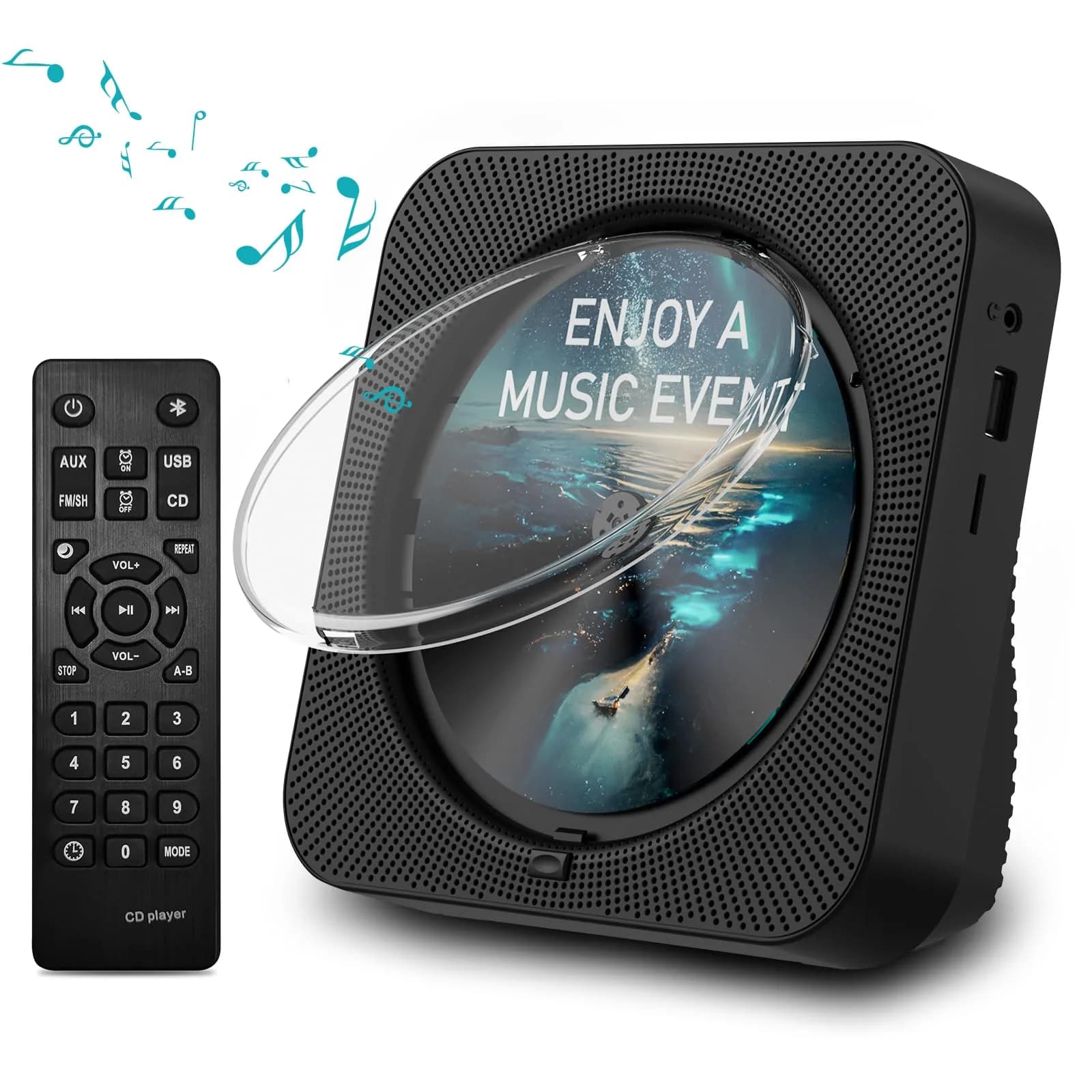 MICOCIOUS Bluetooth CD Player with Speakers & Remote | Black | 16.7cm x 16.7cm x 6.6cm (6.57" x 6.57" x 2.6")