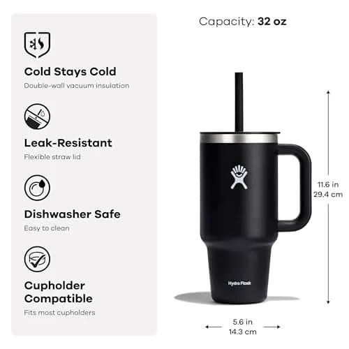 Hydro Flask Travel Tumbler with Handle, Lid and Straw - Insulated Stainless Steel 946ml (32 Oz) Black | Keeps Cold 24 Hrs thumbnail 8