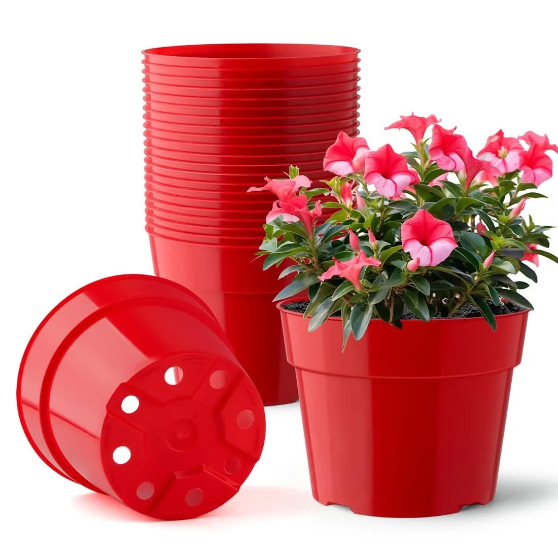 RooTrimmer 40 Pack 4 Inch Plastic Nursery Pots with Mesh Pad, Green | Sturdy & Reusable for Indoor/Outdoor Planting — Red / 6 Inch