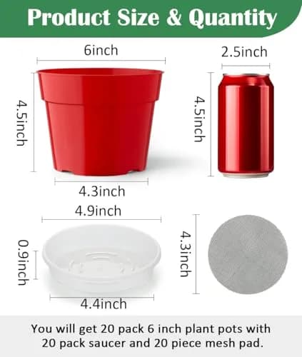 RooTrimmer 6 Inch Red Plastic Plant Pots with Saucers & Mesh Pads (20-Pack) | Durable Nursery Pots for Indoor/Outdoor Use thumbnail 2