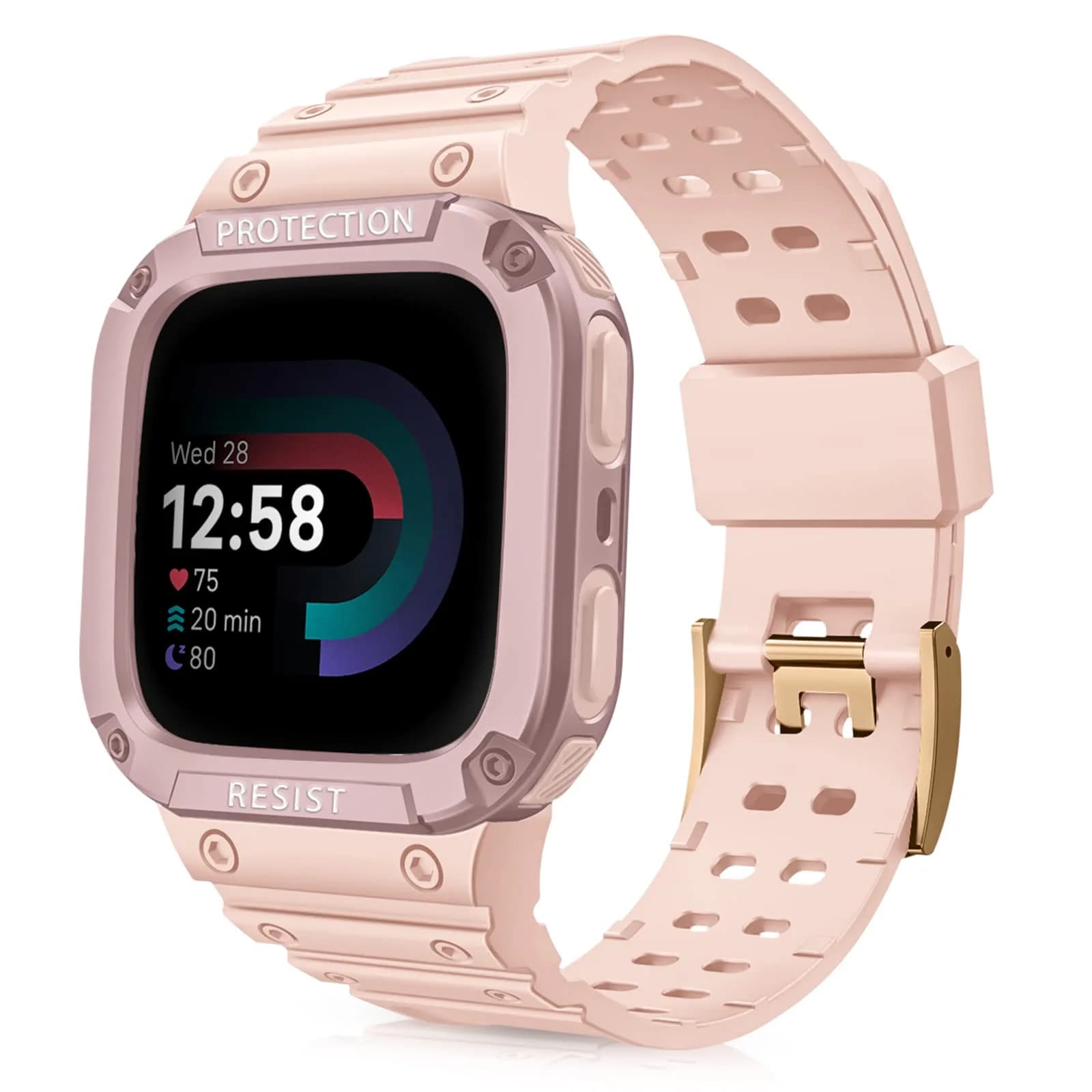 FINTIE Rugged Band with Case for Fitbit Versa 4/3/2/1/Lite & Sense 2, Black, 165mm-245mm (6.5-9.5 inch) — Pink Sand